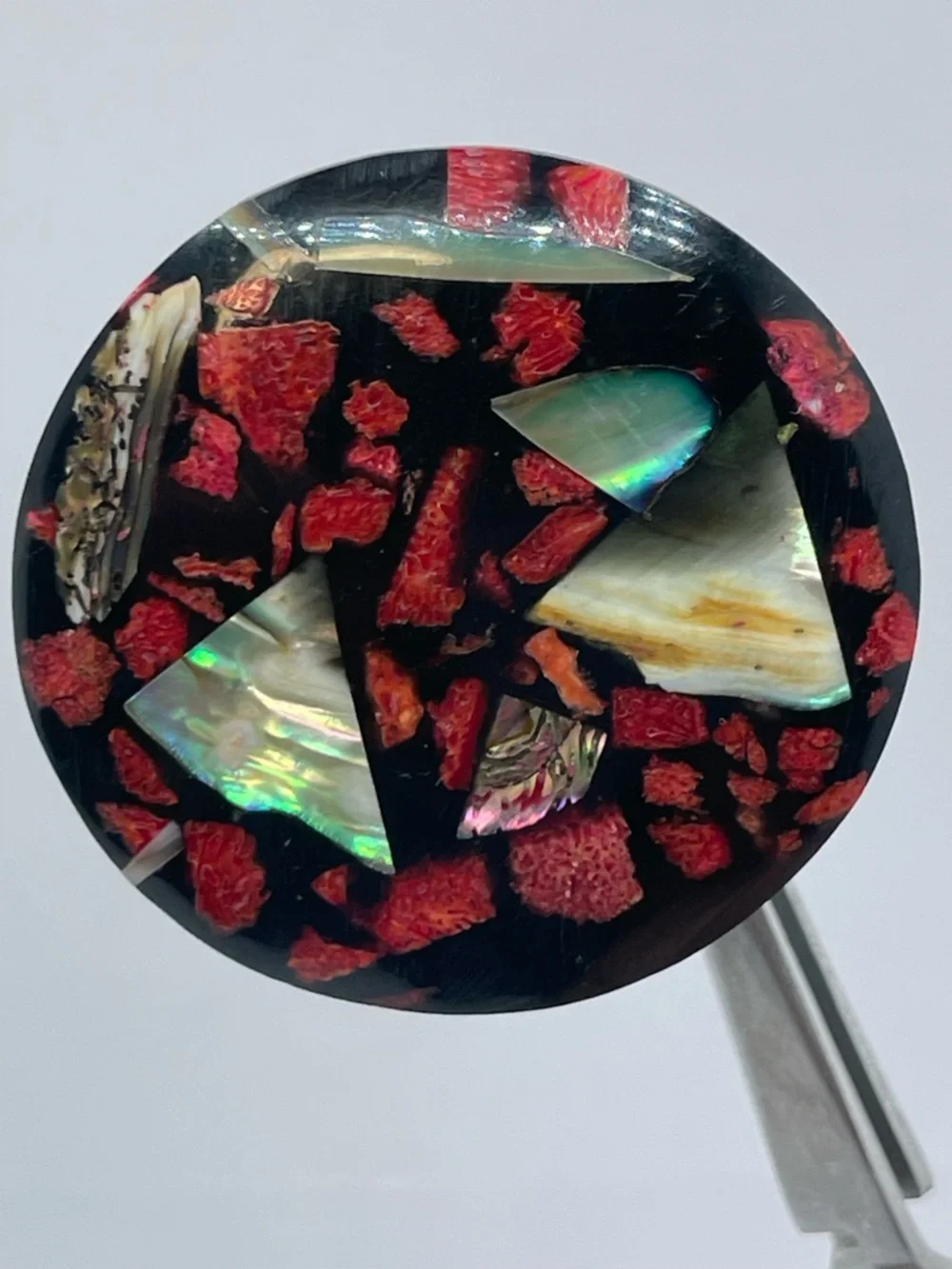 Vintage Wood Abalone Shell Red Coral Inlay Statement Ring Sz 7